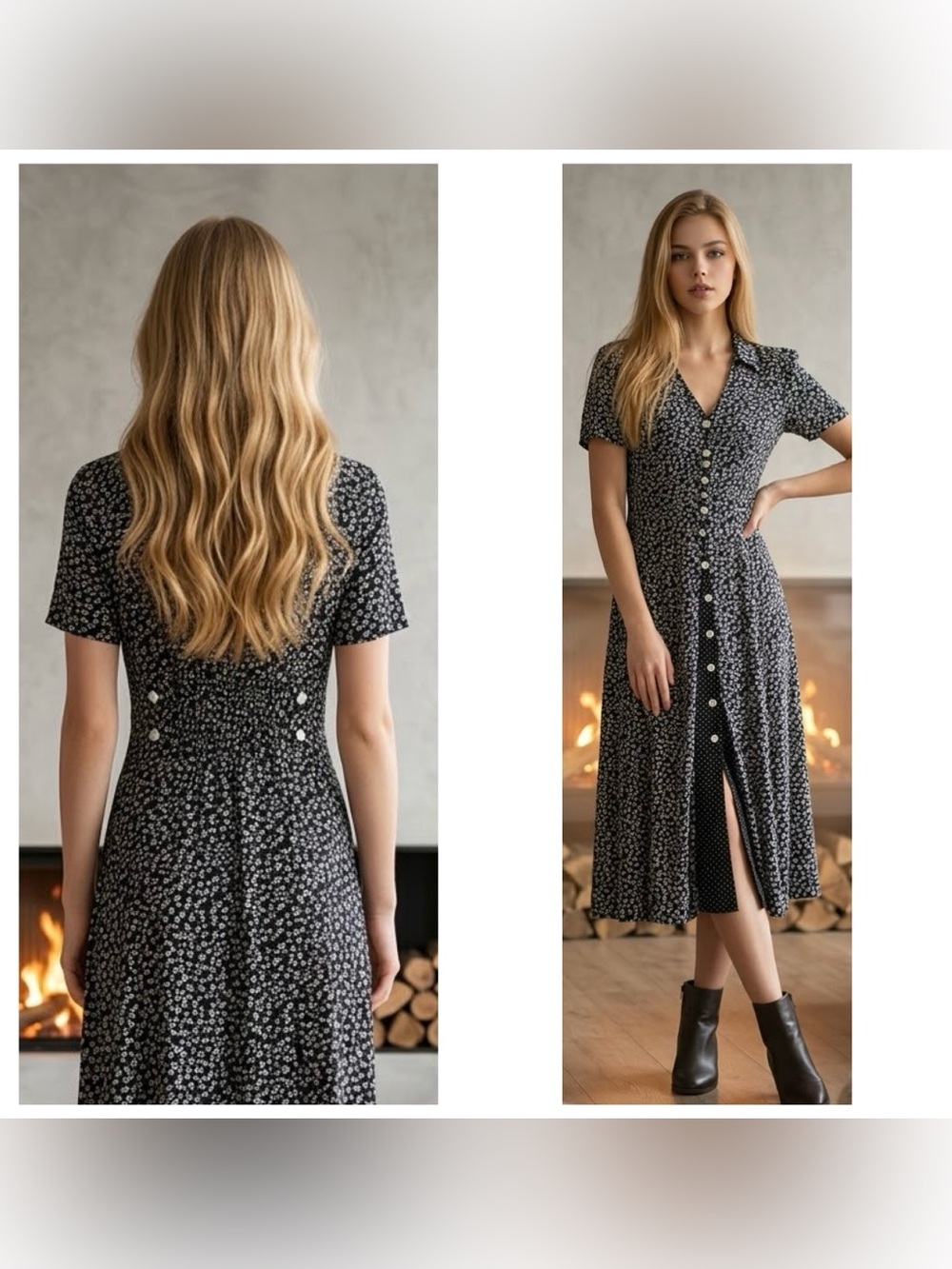 MSK Women Sz 8 Vintage ditsy floral polka dot buttoned layer look Midi Dress